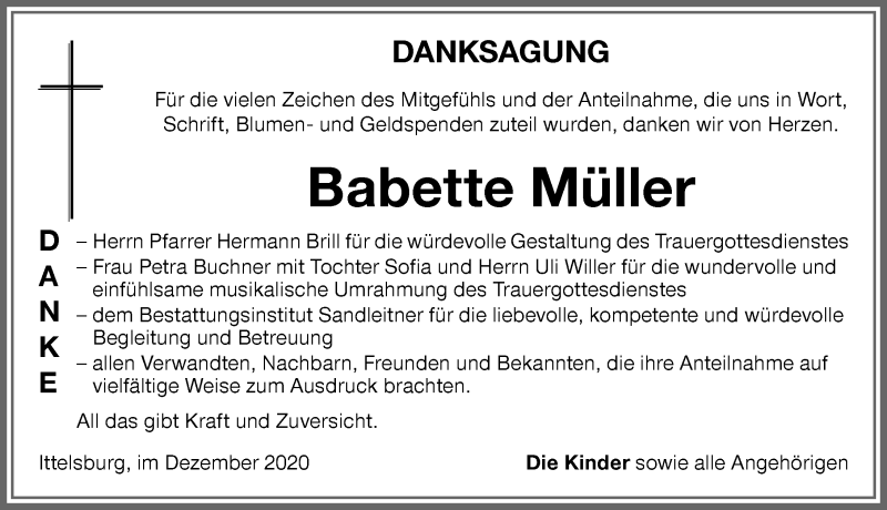 Traueranzeige von Babette Müller von Memminger Zeitung