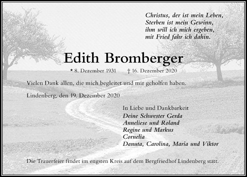 Traueranzeige von Edith Bromberger von Der Westallgäuer