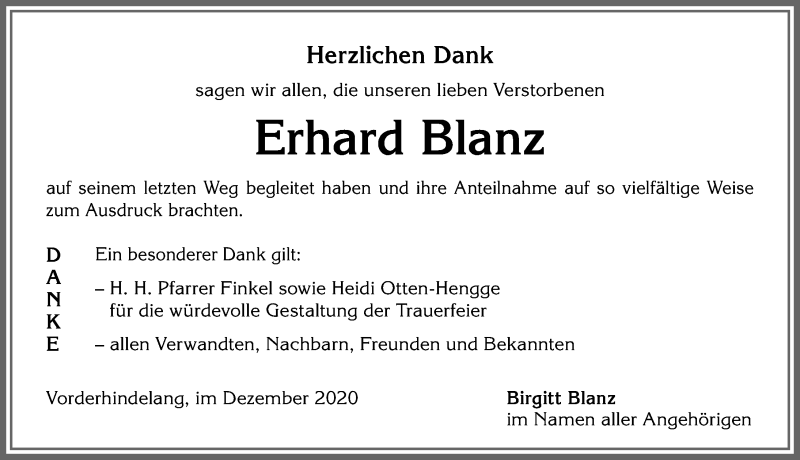 Traueranzeige von Erhard Blanz von Allgäuer Anzeigeblatt