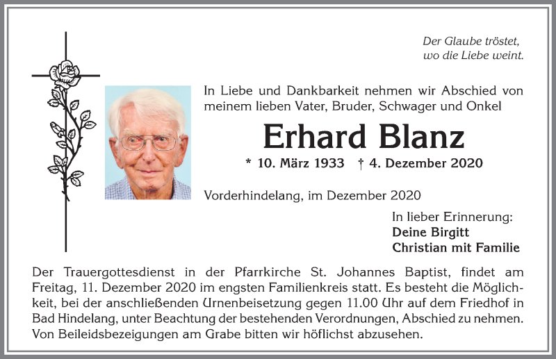 Traueranzeige von Erhard Blanz von Allgäuer Anzeigeblatt