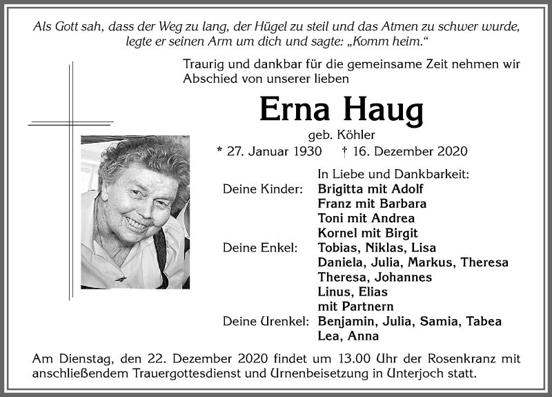 Traueranzeige von Erna Haug von Allgäuer Anzeigeblatt