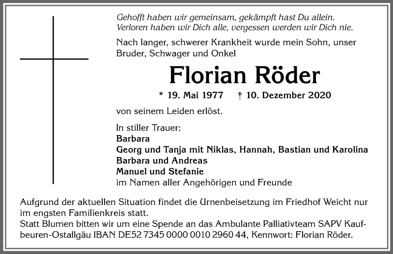 Traueranzeige von Florian Röder von Allgäuer Zeitung, Kaufbeuren/Buchloe