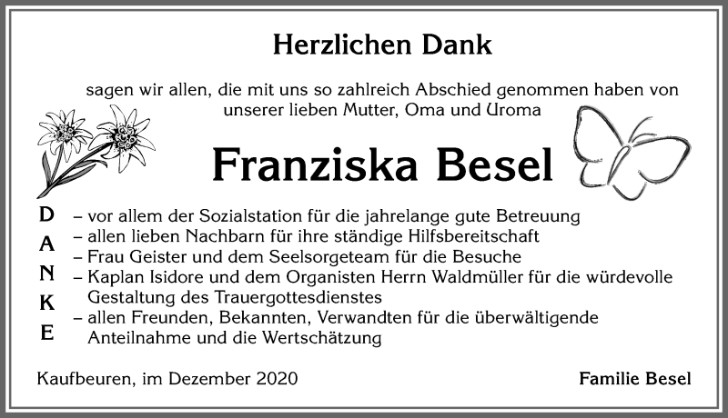 Traueranzeige von Franziska Besel von Allgäuer Zeitung