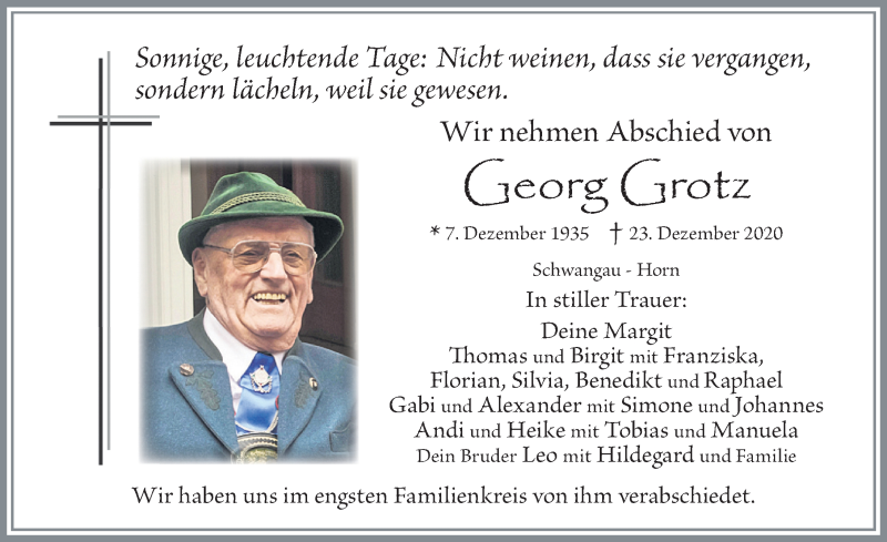 Traueranzeige von Georg Grotz von Allgäuer Zeitung, Füssen