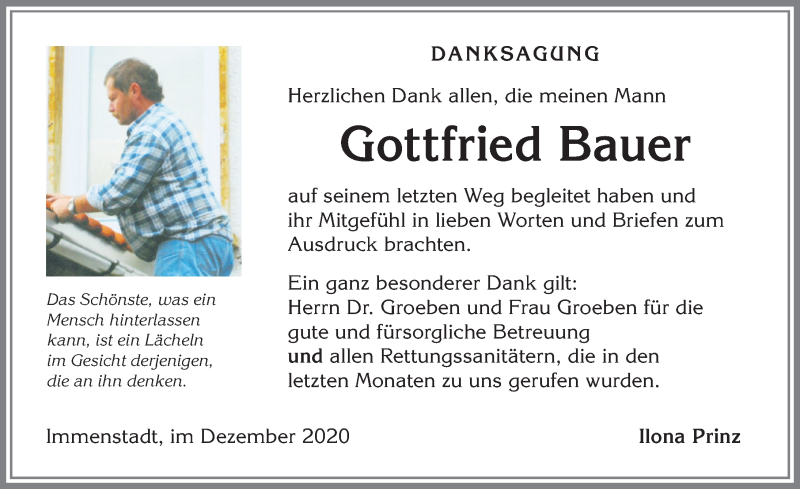 Traueranzeige von Gottfried Bauer von Allgäuer Anzeigeblatt