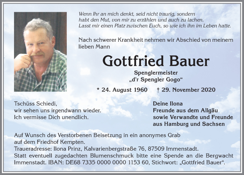 Traueranzeige von Gottfried Bauer von Allgäuer Anzeigeblatt