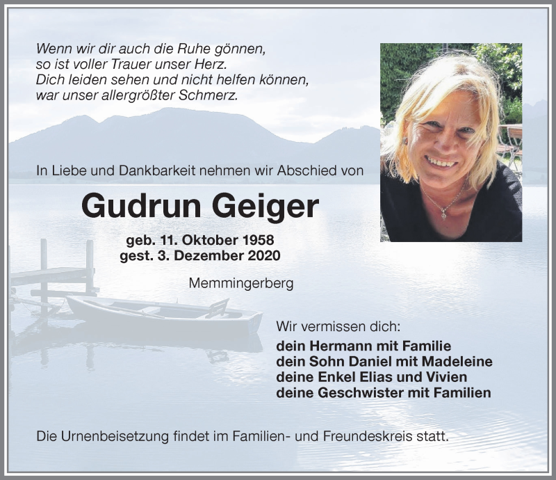 Traueranzeige von Gudrun Geiger von Memminger Zeitung