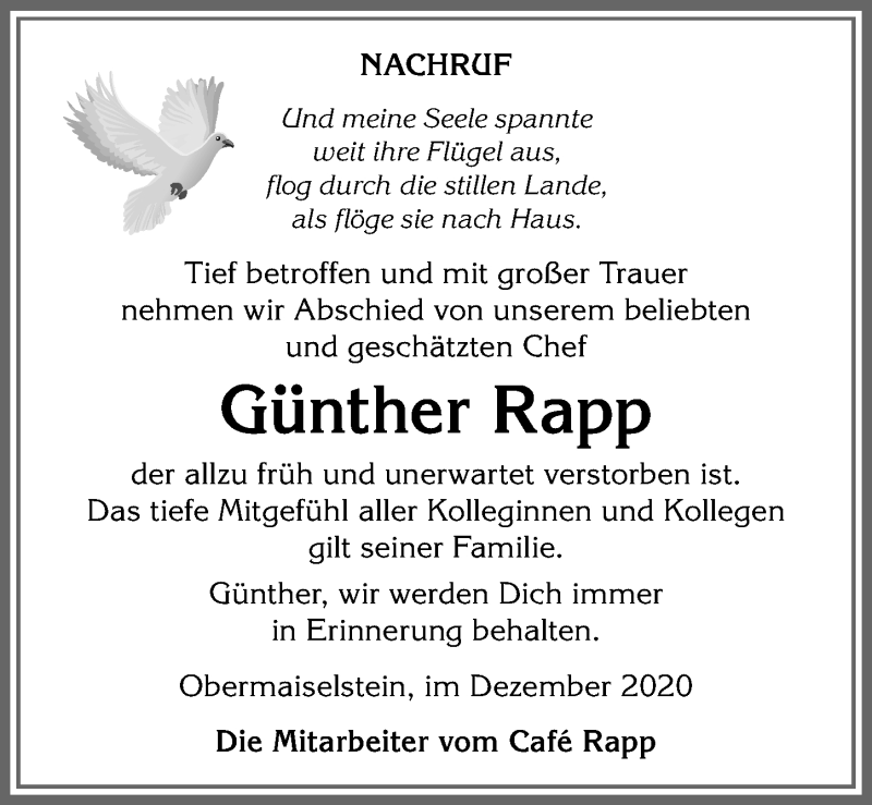 Traueranzeige von Günther Rapp von Allgäuer Anzeigeblatt