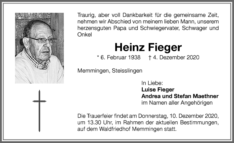 Traueranzeige von Heinz Fieger von Memminger Zeitung