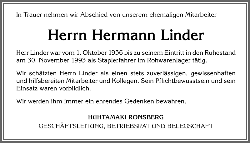 Traueranzeige von Hermann Linder von Allgäuer Zeitung, Marktoberdorf