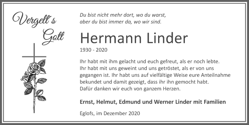 Traueranzeige von Hermann Linder von Allgäuer Zeitung, Marktoberdorf