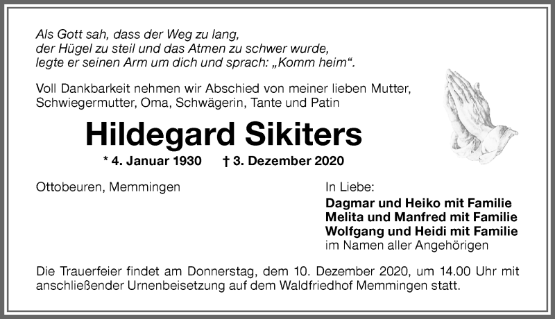 Traueranzeige von Hildegard Sikiters von Memminger Zeitung