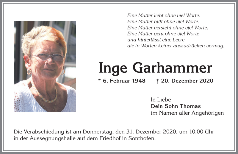 Traueranzeige von Inge Garhammer von Allgäuer Anzeigeblatt