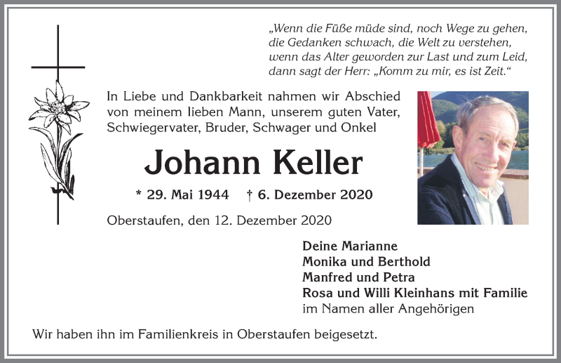 Traueranzeige von Johann Keller von Allgäuer Anzeigeblatt