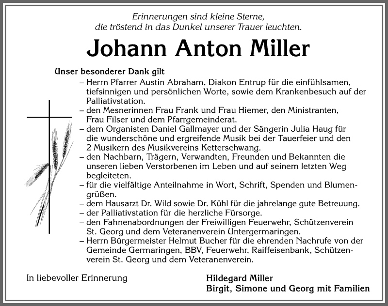 Traueranzeige von Johann Anton Miller von Allgäuer Zeitung