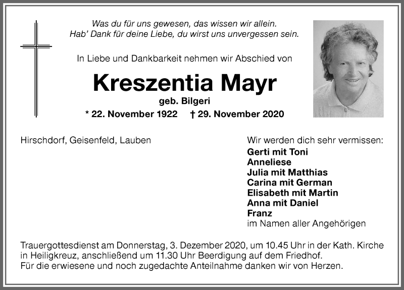 Traueranzeige von Kreszentia Mayr von Allgäuer Zeitung,Kempten