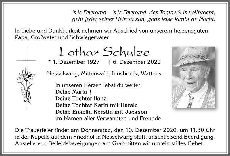 Traueranzeige von Lothar Schulze von Allgäuer Zeitung, Füssen