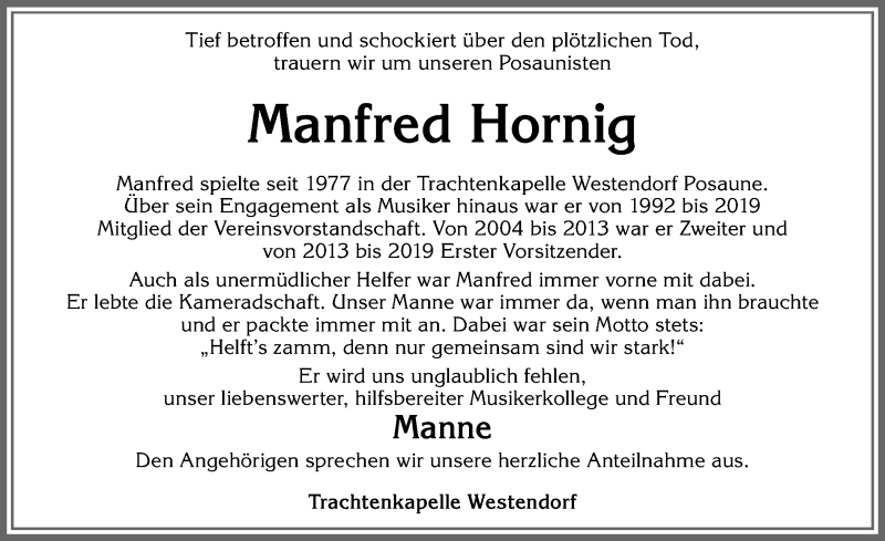 Traueranzeige von Manfred Hornig von Allgäuer Zeitung, Kaufbeuren/Buchloe