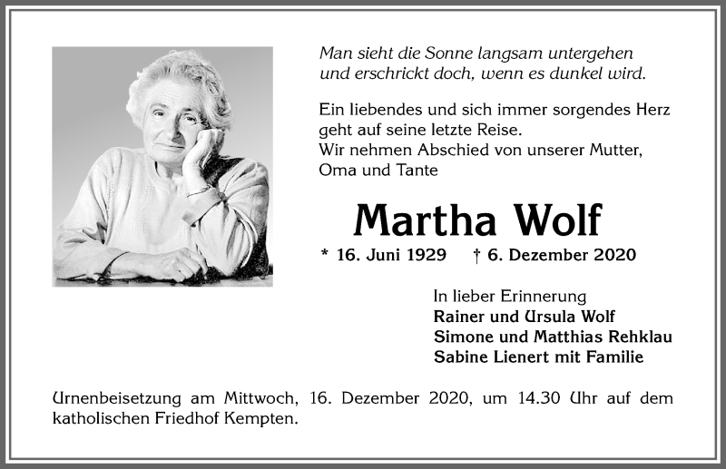 Traueranzeige von Martha Wolf von Allgäuer Zeitung,Kempten