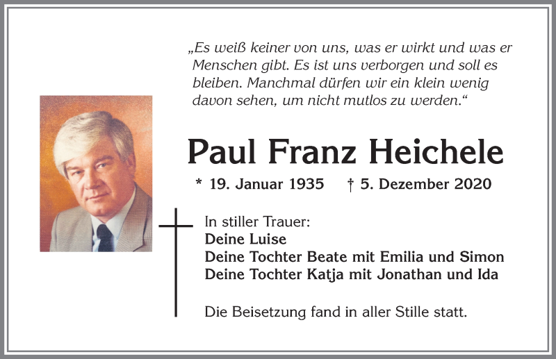 Traueranzeige von Paul Franz Heichele von Allgäuer Zeitung, Kaufbeuren/Buchloe