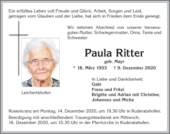 Traueranzeigen von Paula Ritter | Augsburger Allgemeine Zeitung