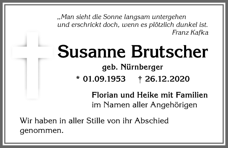 Traueranzeige von Susanne Brutscher von Allgäuer Anzeigeblatt