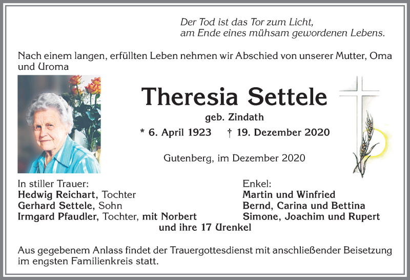 Traueranzeige von Theresia Settele von Allgäuer Zeitung, Kaufbeuren/Buchloe