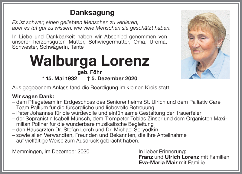 Traueranzeige von Walburga Lorenz von Memminger Zeitung