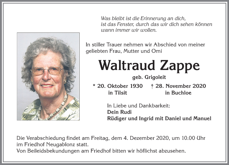 Traueranzeige von Waltraud Zappe von Allgäuer Zeitung, Kaufbeuren/Buchloe