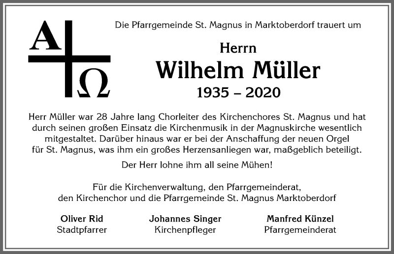 Traueranzeige von Wilhelm Müller von Allgäuer Zeitung, Marktoberdorf