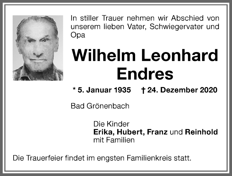 Traueranzeige von Wilhelm Leonhard Endres von Memminger Zeitung