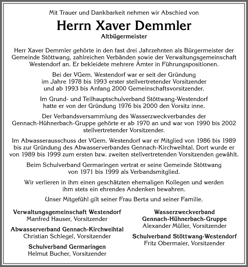 Traueranzeige von Xaver Demmler von Allgäuer Zeitung, Kaufbeuren/Buchloe