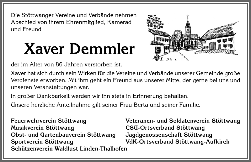 Traueranzeige von Xaver Demmler von Allgäuer Zeitung, Kaufbeuren/Buchloe