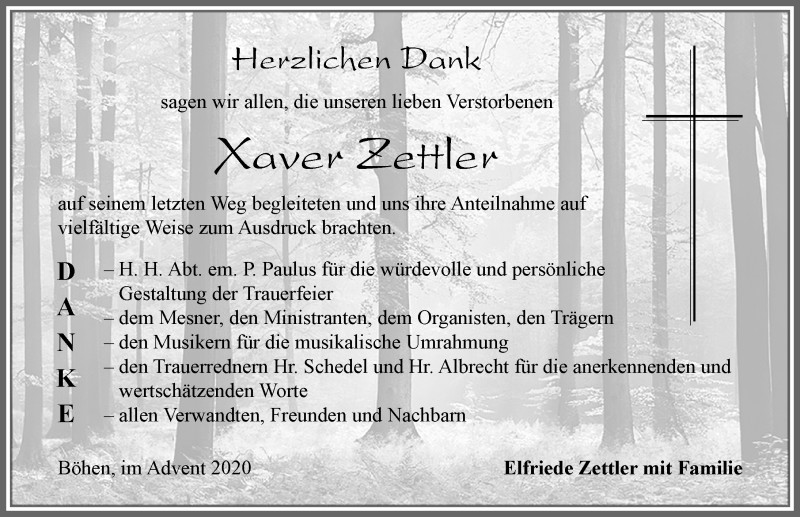 Traueranzeige von Xaver Zettler von Memminger Zeitung