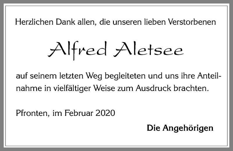 Traueranzeige von Alfred Aletsee von Allgäuer Zeitung, Füssen