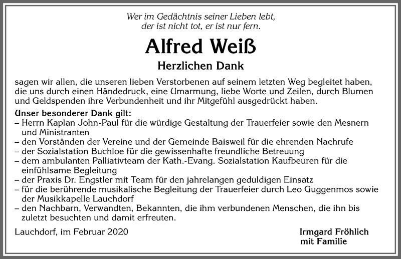Traueranzeige von Alfred Weiß von Allgäuer Zeitung