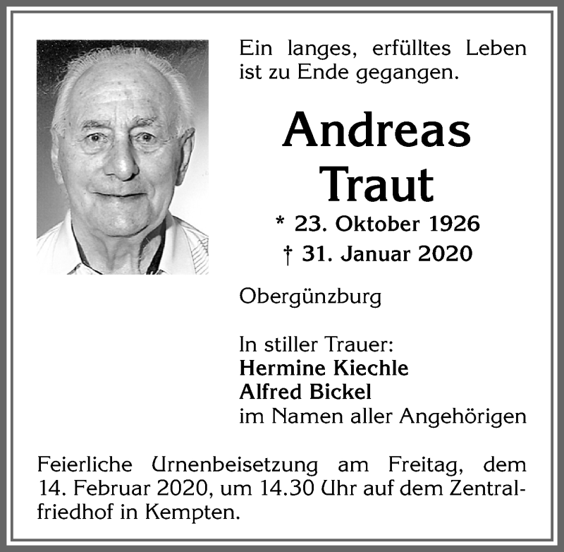 Traueranzeige von Andreas Traut von Allgäuer Zeitung,Kempten