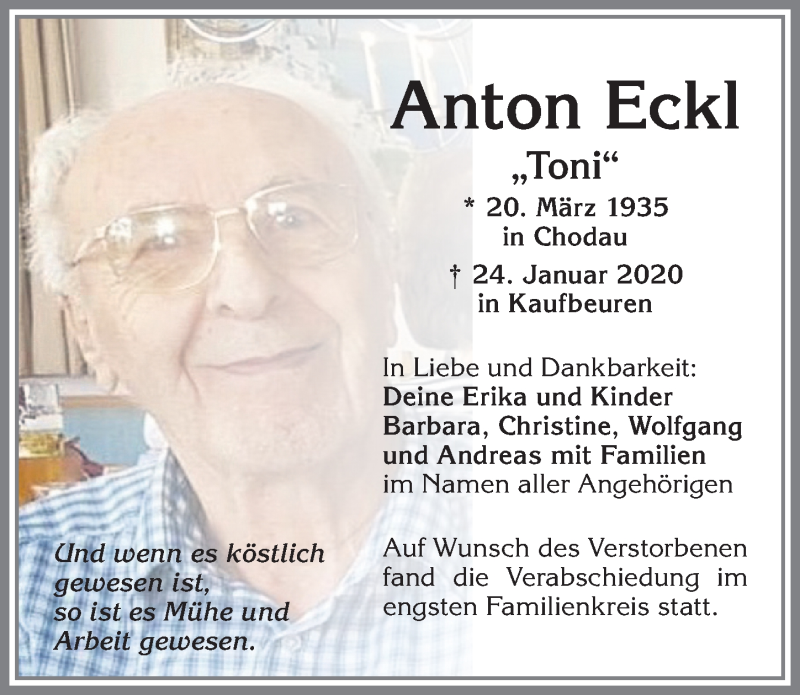 Traueranzeige von Anton Eckl von Allgäuer Zeitung, Kaufbeuren/Buchloe