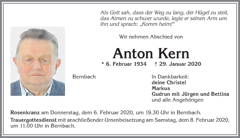 Traueranzeige von Anton Kern von Allgäuer Zeitung, Marktoberdorf