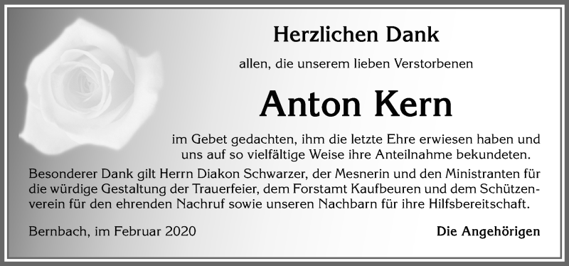 Traueranzeige von Anton Kern von Allgäuer Zeitung, Marktoberdorf