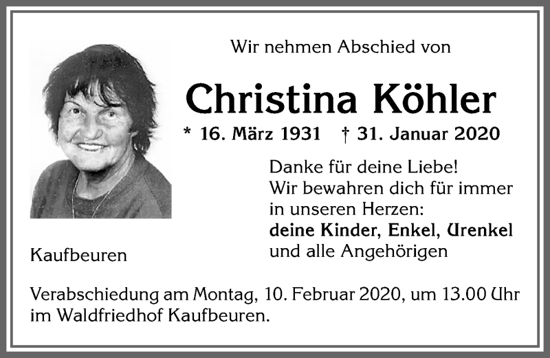 Traueranzeige von Christina Köhler von Allgäuer Zeitung, Kaufbeuren/Buchloe