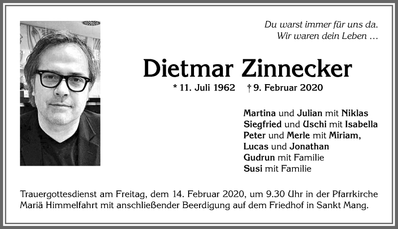 Traueranzeige von Dietmar Zinnecker von Allgäuer Zeitung,Kempten