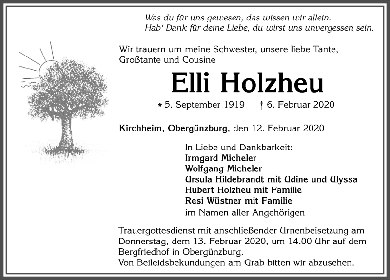 Traueranzeige von Elli Holzheu von Allgäuer Zeitung, Marktoberdorf