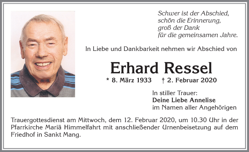 Traueranzeige von Erhard Ressel von Allgäuer Zeitung,Kempten