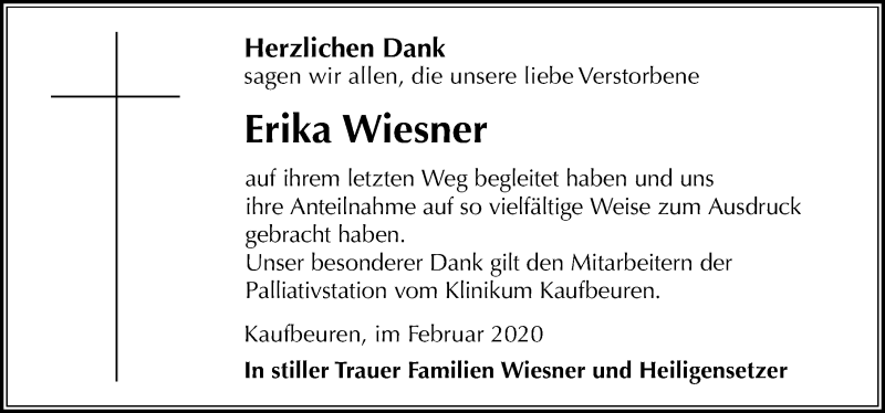 Traueranzeige von Erika Wiesner von Allgäuer Zeitung, Kaufbeuren/Buchloe