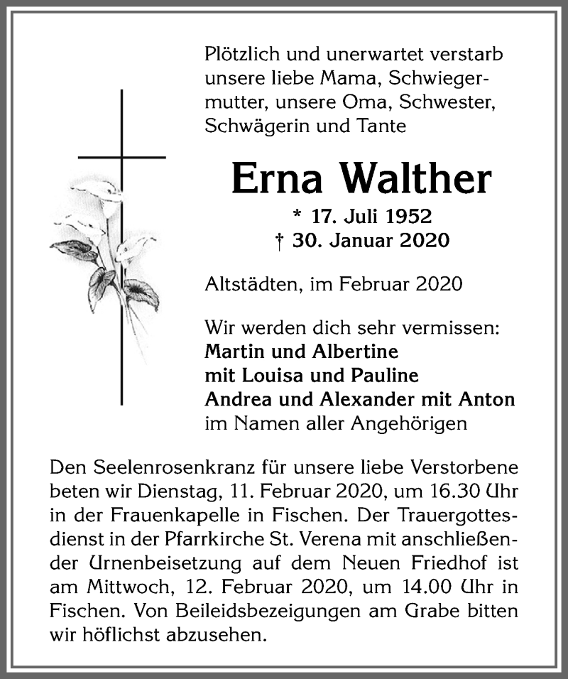 Traueranzeige von Erna Walther von Allgäuer Anzeigeblatt
