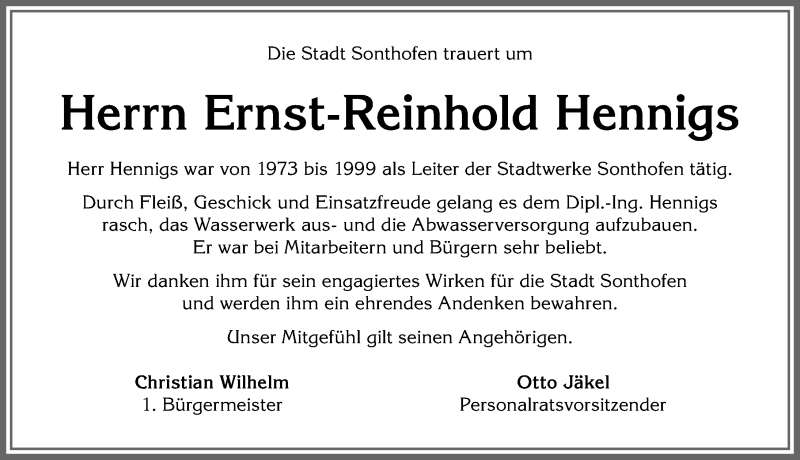 Traueranzeige von Ernst-Reinhold Hennigs von Allgäuer Anzeigeblatt