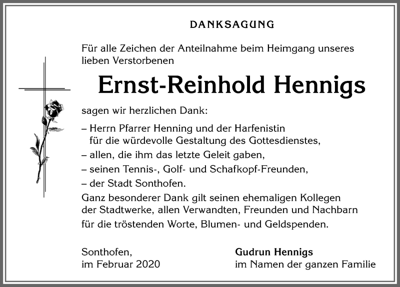 Traueranzeige von Ernst-Reinhold Hennigs von Allgäuer Anzeigeblatt