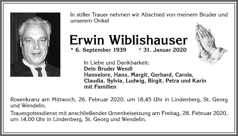 Traueranzeige von Erwin Wiblishauser von Allgäuer Zeitung, Kaufbeuren/Buchloe