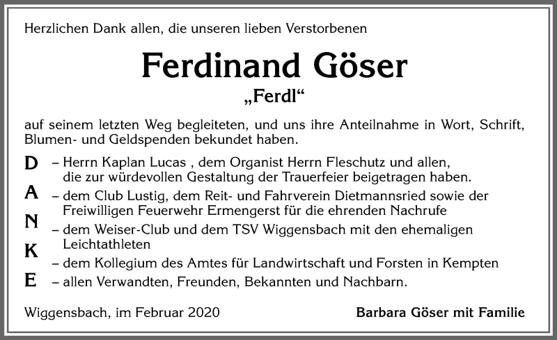 Traueranzeige von Ferdinand Göser von Allgäuer Zeitung,Kempten